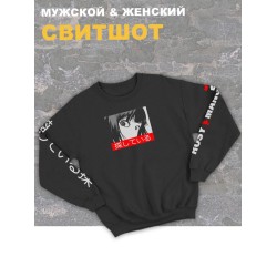 Женский свитшот оверсайз черный с принтом и надписью аниме Тян манга.