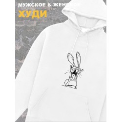 Худи мужское белое оверсайз с принтом-рисунком Злой заяц кролик.