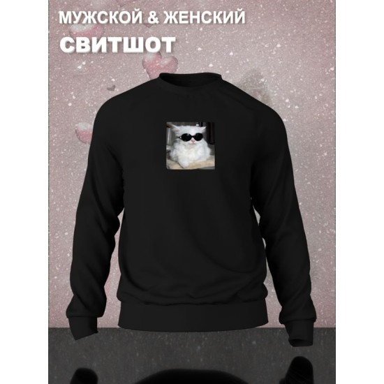 Свитшот с принтом Кот в очках оверсайз белый. Свитшот унисекс с прикольным рисунком в стиле кэжуал.
