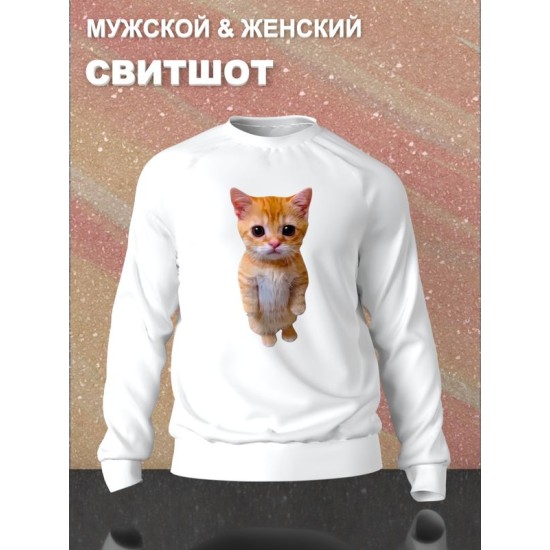Свитшот с принтом Кот оверсайз белый. Свитшот унисекс с рисунком Котенок в стиле кэжуал.