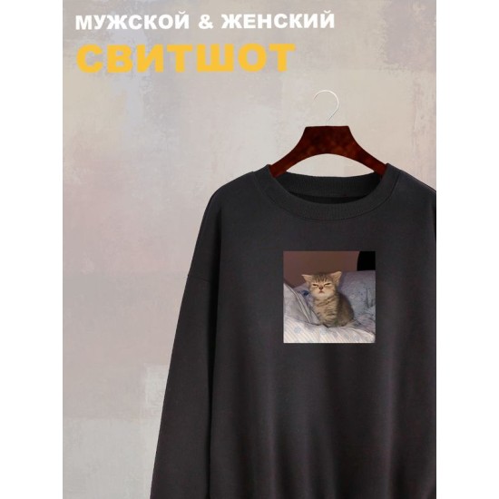 Свитшот с принтом Котенок оверсайз черный. Свитшот унисекс с прикольным рисунком Сонный кот в стиле кэжуал.