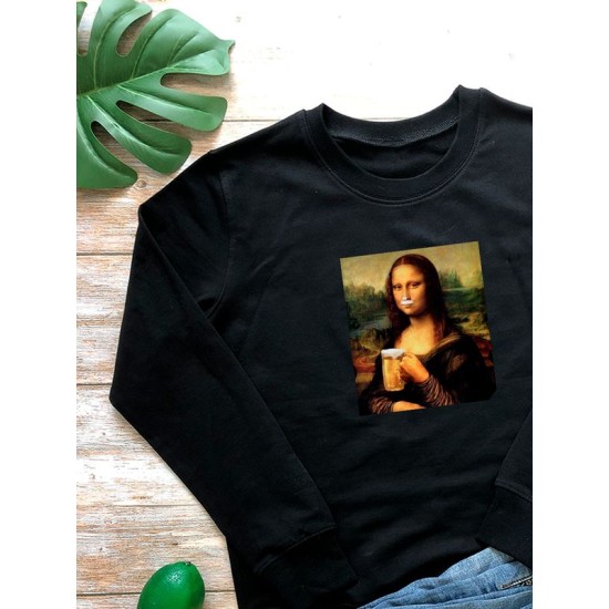 Свитшот с принтом leonardo da vinci Мона лиза с пивом оверсайз черный. Свитшот унисекс с приколом в стиле кэжуал для молодежи.