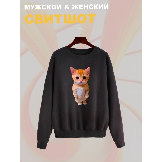Свитшот с принтом Кот оверсайз черный. Свитшот унисекс с рисунком Котенок в стиле кэжуал.