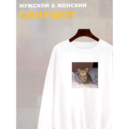 Свитшот с принтом Котенок оверсайз белый. Свитшот унисекс с прикольным рисунком Сонный кот в стиле кэжуал.