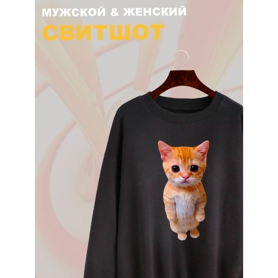 Свитшот с принтом Кот оверсайз черный. Свитшот унисекс с рисунком Котенок в стиле кэжуал.
