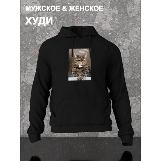 Худи с принтом Кот оверсайз черное. Худи унисекс с мемной надписью 