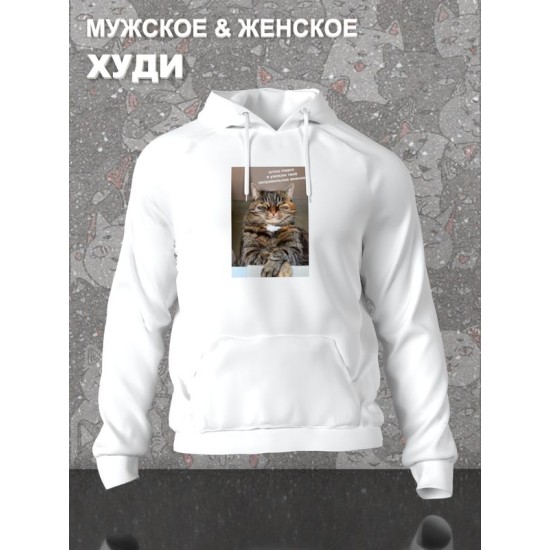 Худи с принтом Кот оверсайз белое. Худи унисекс с мемной надписью 