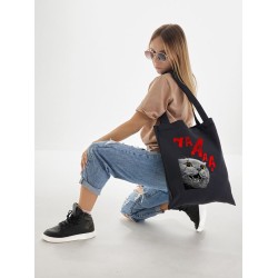 Шоппер с котом и мемным котиком мем и прикол с принтом рисунком и надписью cat meme kitty черный, сумка для шопинга и покупок тканевая женская и мужская, андеграунд кэжуал, style underground casual