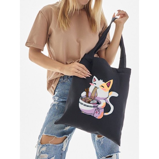 Шоппер аниме котик и рамен japan maneki neko с принтом ramen anime cat kawaii в стиле kawai каваи кот черный, стритстайл сумка для шопинга и покупок тканевая женская и мужская андеграунд y2k кэжуал.