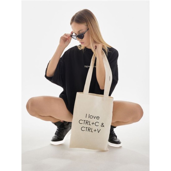 Шоппер с приколами I love ctrl c ctrl v с принтом и надписью программирование бежевый