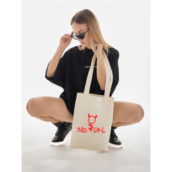 Шоппер с приколами bad girl с принтом надписью и рисунком devil черт и дьявол с чертиком бежевый