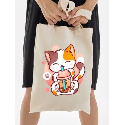 Шоппер аниме каваи котик japan maneki neko с принтом anime cat kawaii кот и бабл ти bubble tea kawai бежевый, стритстайл сумка для шопинга и покупок тканевая женская и мужская андеграунд y2k кэжуал.