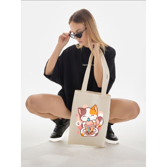 Шоппер аниме каваи котик japan maneki neko с принтом anime cat kawaii кот и бабл ти bubble tea kawai бежевый, стритстайл сумка для шопинга и покупок тканевая женская и мужская андеграунд y2k кэжуал.