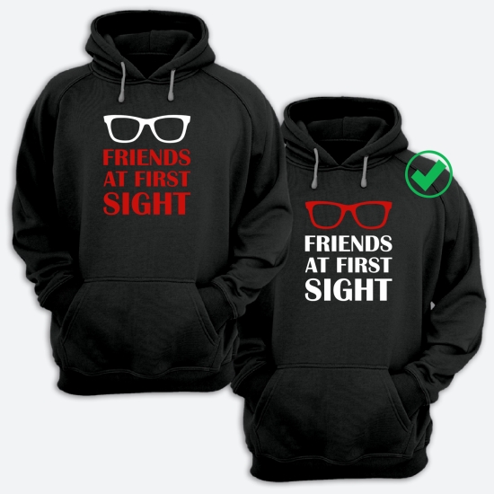 Парные толстовки с капюшоном для двоих друзей c надписью Friends at first sight