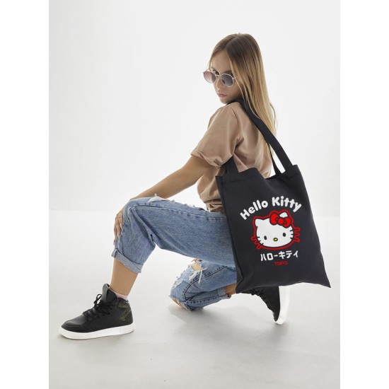 Сумка шоппер черный Аниме Hello Kitty Куроми дрейн тканевая с принтом Хелло Китти геншин импакт однотонный мягкий большая с надписью Хело Кити через плечо с котом bts токийские мстители