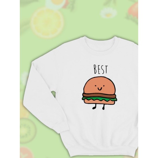 Парные свитшоты Best Friends бургер белая женская с принтом гамбургер burger hamburger для влюбленных пар парня и девушки, двоих подруг и друзей, мемная, андеграунд парная одежда y2k оверсайз