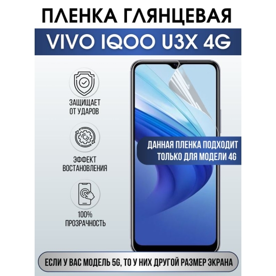 Защитная гидрогелевая пленка для смартфона Vivo IQOO U3x 4g. Глянцевая полиуретановая плёнка на мобильный телефон, для защиты экрана.
