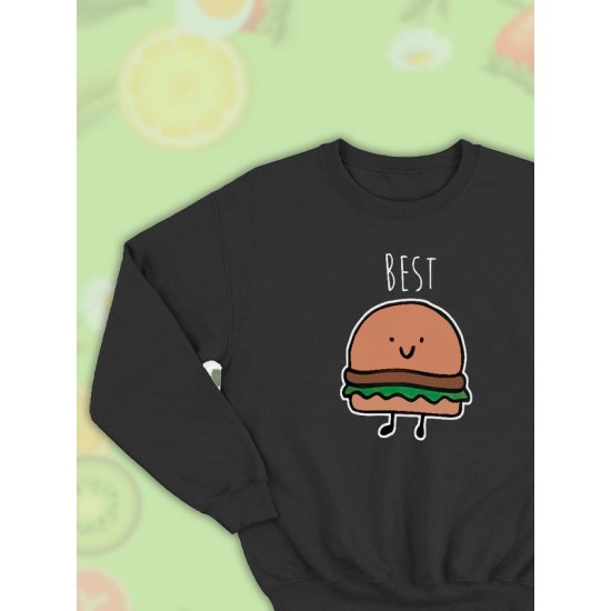 Парные свитшоты Best Friends бургер черная женская с принтом гамбургер burger hamburger для влюбленных пар парня и девушки, двоих подруг и друзей, мемная, андеграунд парная одежда y2k оверсайз