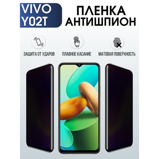 Защитная гидрогелевая пленка для смартфона Vivo Y02t. Полиуретановая плёнка антишпион на мобильный телефон Виво У02т, для защиты экрана.