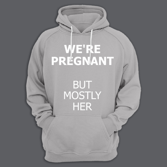 Прикольная мужская толстовка с капюшоном с надписью Were pregnant but mostly her.