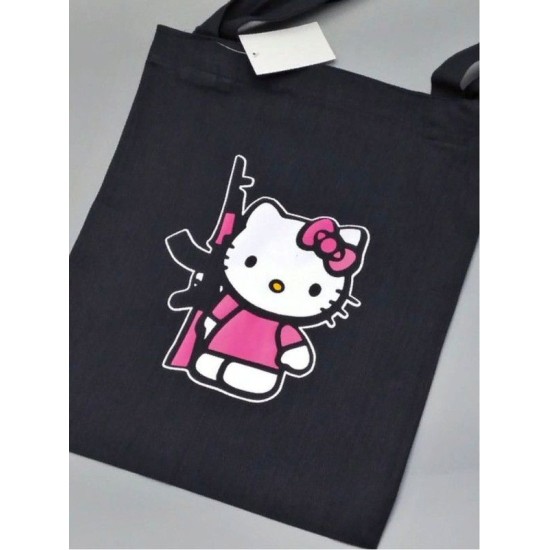Сумка шоппер черный Аниме Hello Kitty Куроми дрейн тканевая с принтом Хелло Китти геншин импакт однотонный мягкий большая с надписью Хело Кити через плечо с котом bts токийские мстители