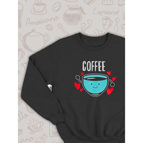 Парный свитшот кофе и печенька каваи Coffee черный мужской с принтом милые чиби с сердечками сердце чибики chibbis kawai chibi kawaii для влюбленных пар парня и девушки, двоих подруг, парная одежда