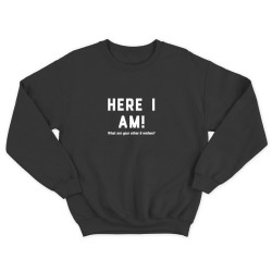 Свитшот для мужчины с интересной надписью Here i am. What are your 2 wishes. Оригинальная толстовка без капюшона.