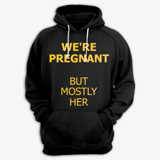 Прикольная мужская толстовка с капюшоном с надписью Were pregnant but mostly her.