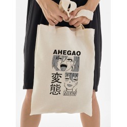 Бежевая сумка-шоппер, хлопок, с принтом аниме Ahegao mew хентай.