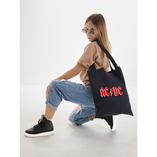 Шоппер черный с принтом ACDC. Сумка для шопинга на плечо тканевая, мужская и женская.