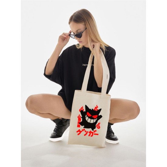Шоппер бежевый с принтом Pokemon Gengar. Сумка для шопинга на плечо тканевая, мужская и женская.