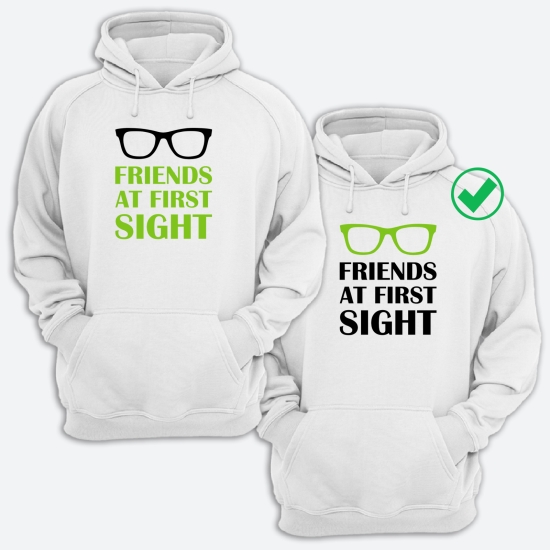 Парные толстовки с капюшоном для двоих друзей c надписью Friends at first sight