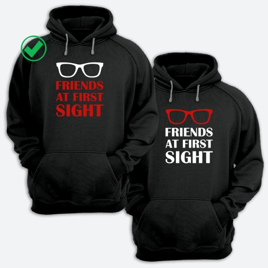 Парные толстовки с капюшоном для двоих друзей c надписью Friends at first sight