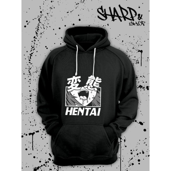 Толстовка мужская с принтом аниме ахегао и надписью хентай, черная и белая, капюшоном и карманом, кофта оверсайз для мужчин и женщин с рисунком anime больших размеров унисекс.