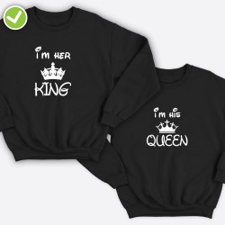 Парные свитшоты для двоих мужа и жену влюбленных с принтом Her King & His Queen / Толстовка без капюшона для пары
