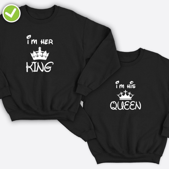 Парные свитшоты для двоих мужа и жену влюбленных с принтом Her King & His Queen / Толстовка без капюшона для пары
