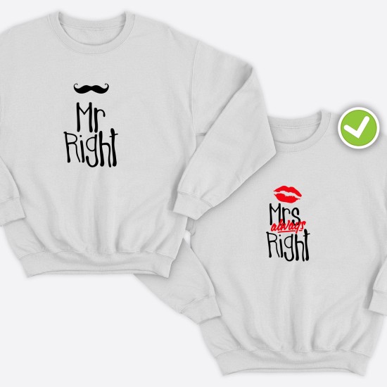 Парные свитшоты для двоих мужа и жены, влюбленных с принтом Mr Right & Mrs always Right / Толстовка без капюшона для пары