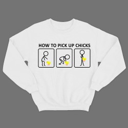 Прикольный мужской свитшот с надписью How to pick up chicks.