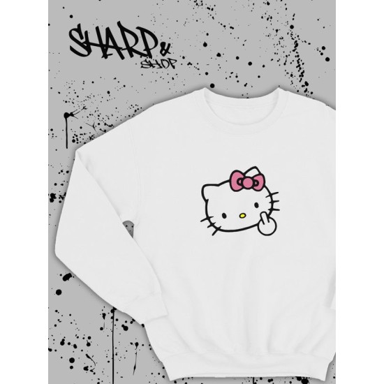Свитшот Hello Kitty белый мужской Аниме Куроми оверсайз дрейн толстовка без капюшона с принтом Хелло Китти геншин импакт однотонная с надписью Хело Кити с рисунком с котом bts токийские мстители