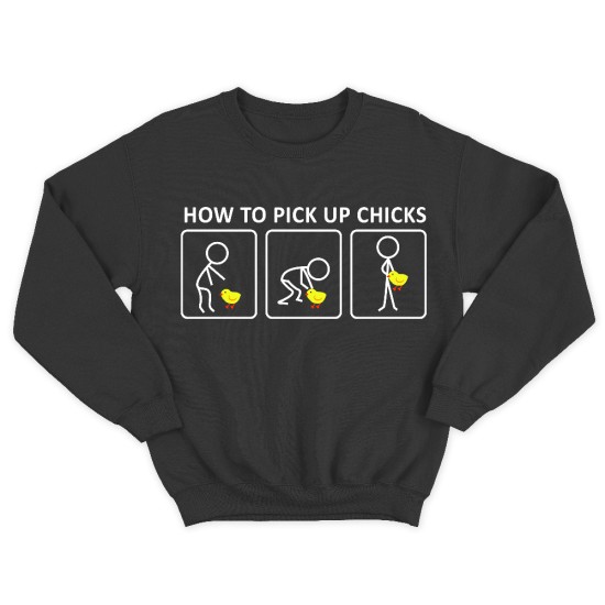 Прикольный мужской свитшот с надписью How to pick up chicks.