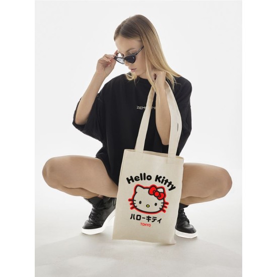 Сумка шоппер бежевый Аниме Hello Kitty Куроми дрейн тканевая с принтом Хелло Китти геншин импакт однотонный мягкий большая с надписью Хело Кити через плечо с котом bts токийские мстители