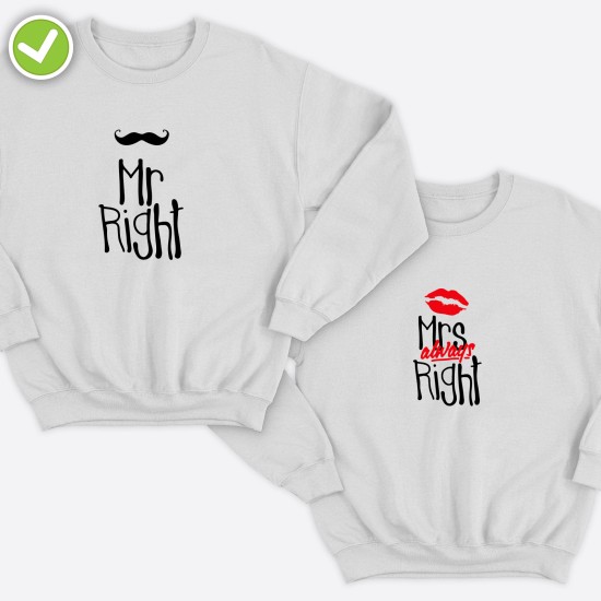 Парные свитшоты для двоих мужа и жены, влюбленных с принтом Mr Right & Mrs always Right / Толстовка без капюшона для пары