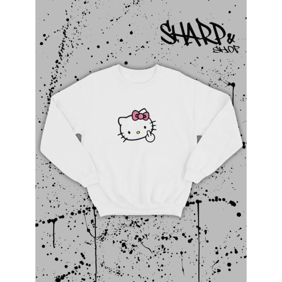 Свитшот Hello Kitty белый мужской Аниме Куроми оверсайз дрейн толстовка без капюшона с принтом Хелло Китти геншин импакт однотонная с надписью Хело Кити с рисунком с котом bts токийские мстители