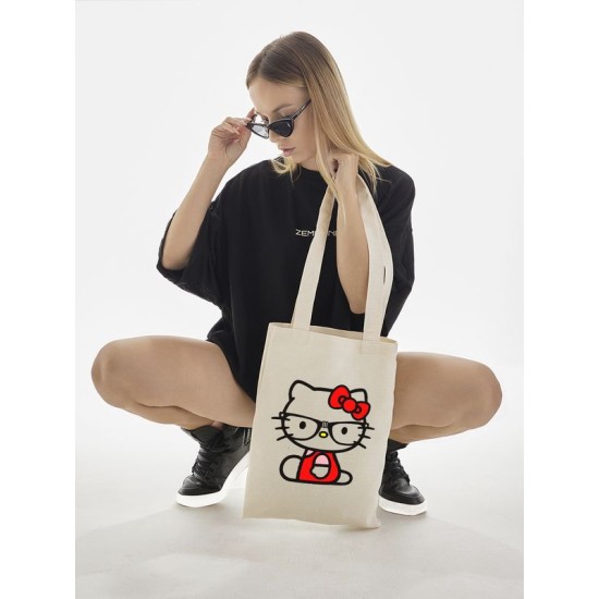 Сумка шоппер бежевый Аниме Hello Kitty Куроми дрейн тканевая с принтом Хелло Китти геншин импакт однотонный мягкий большая с надписью Хело Кити через плечо с котом bts токийские мстители