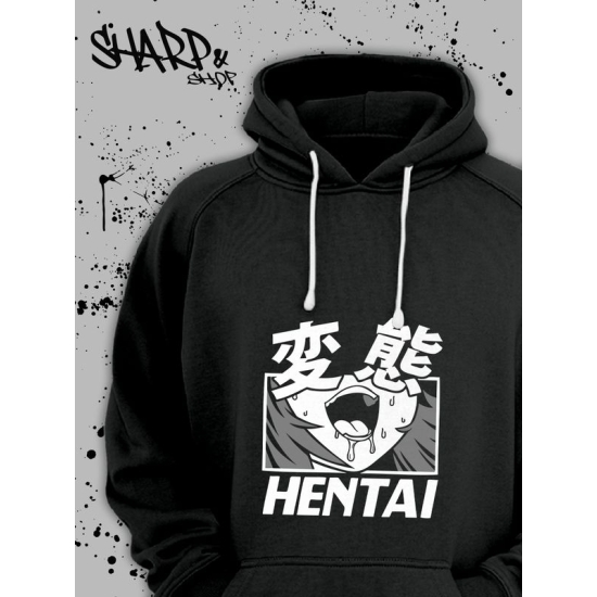 Толстовка мужская с принтом аниме ахегао и надписью хентай, черная и белая, капюшоном и карманом, кофта оверсайз для мужчин и женщин с рисунком anime больших размеров унисекс.