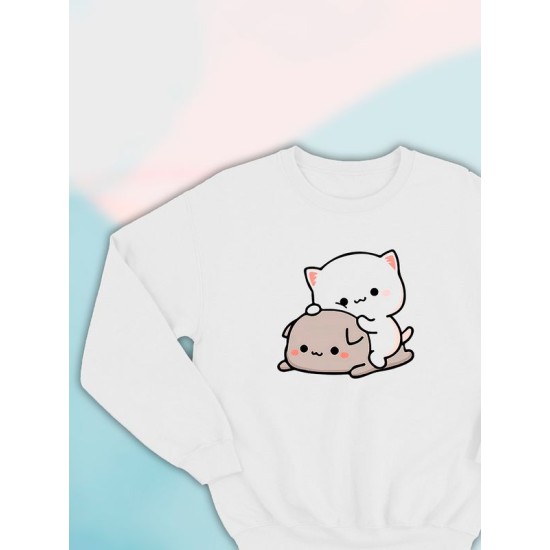Парные свитшоты Mochi cats чиби котики каваи белый женский с принтом chibis chibbis kawai кот для влюбленных пар парня и девушки, двоих подруг, мемная, прикольная парная одежда underground оверсайз.