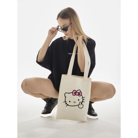 Сумка шоппер бежевый Аниме Hello Kitty Куроми дрейн тканевая с принтом Хелло Китти геншин импакт однотонный мягкий большая с надписью Хело Кити через плечо с котом bts токийские мстители