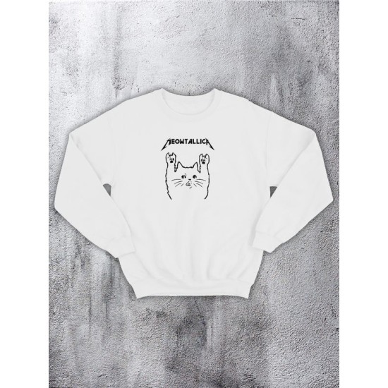 Свитшот белый женский с надписью Meowtallica и рисунком, аниме, оверсайз, унисекс. Эко худи с принтом, парные вещи для влюбленных, для двоих, жены и мужа, девушки и парня, для подруг без капюшона.