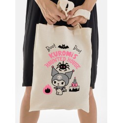 Шоппер бежевый с принтом Kuromis haunted house. Сумка Hello Kitty для шопинга на плечо тканевая, мужская и женская.
