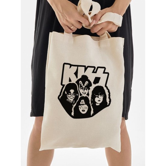 Шоппер бежевый с принтом Рок группа Kiss, участники. Сумка для шопинга на плечо тканевая, мужская и женская.